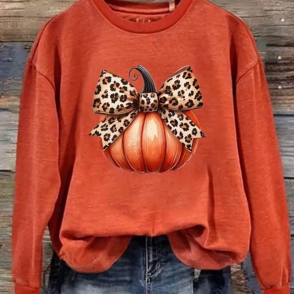 Festive Pumpkin Bow Print Sweatshirt - Women's Casual Long Sleeve Round Neck Top
